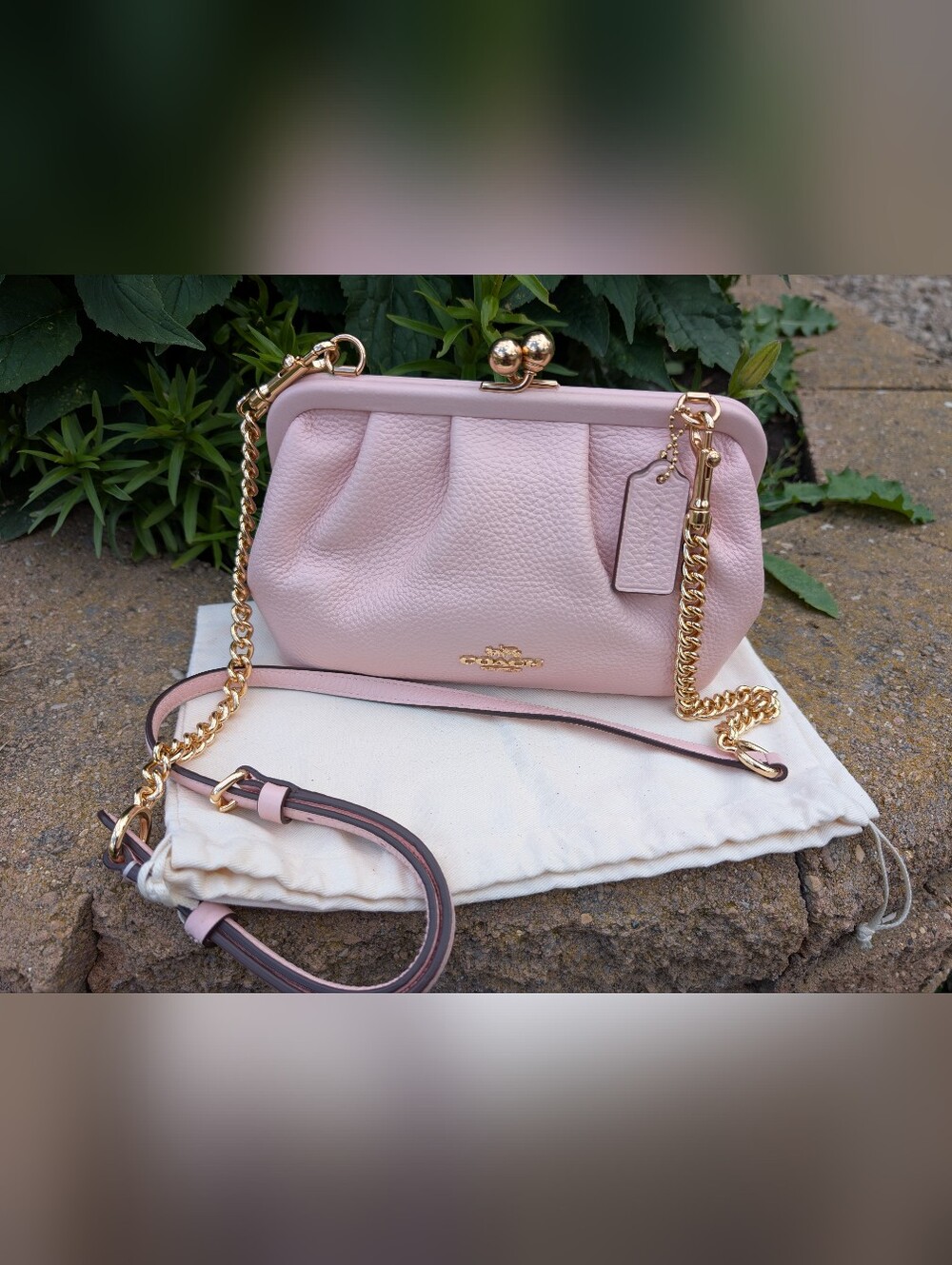 Coach Nora Pink Pebbled Leather Kisslock Crossbody with Gold Chain